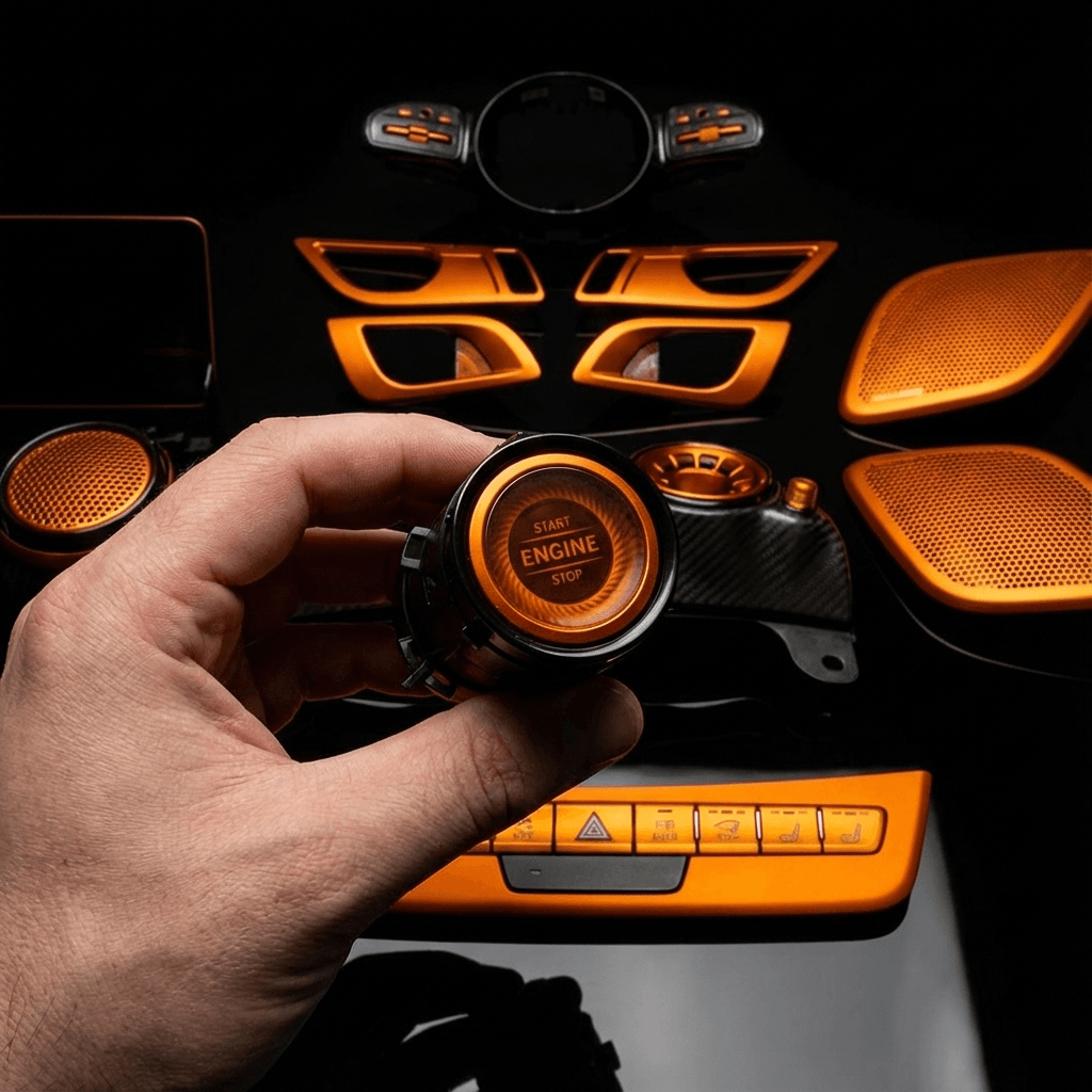 Hand holding orange lasur-coated car start/stop button