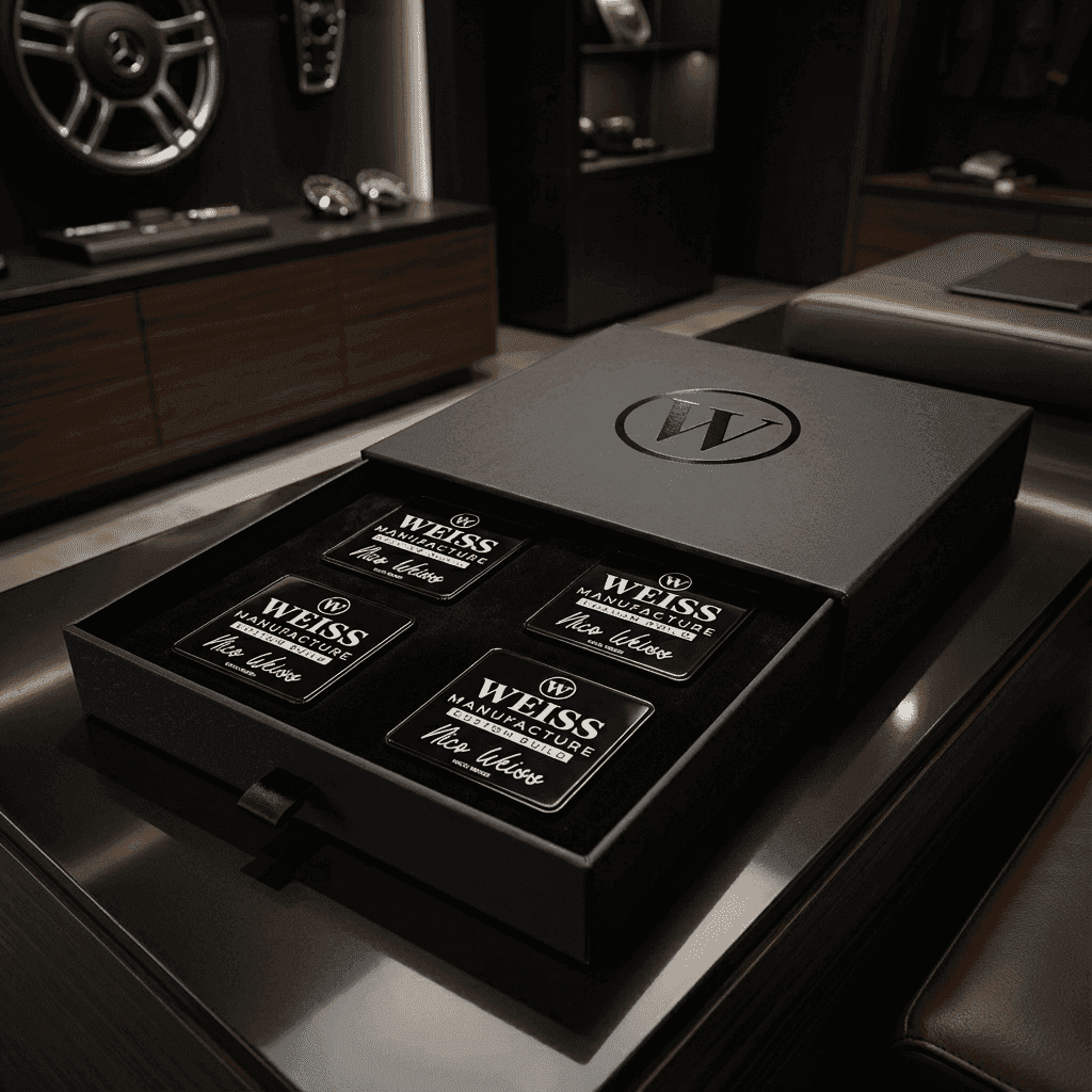 Set of four black WEISS Manufacture badges in gift box