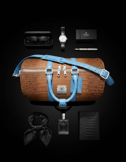 Braune Reisetasche aus Anaconda-Leder mit blauem Gurt