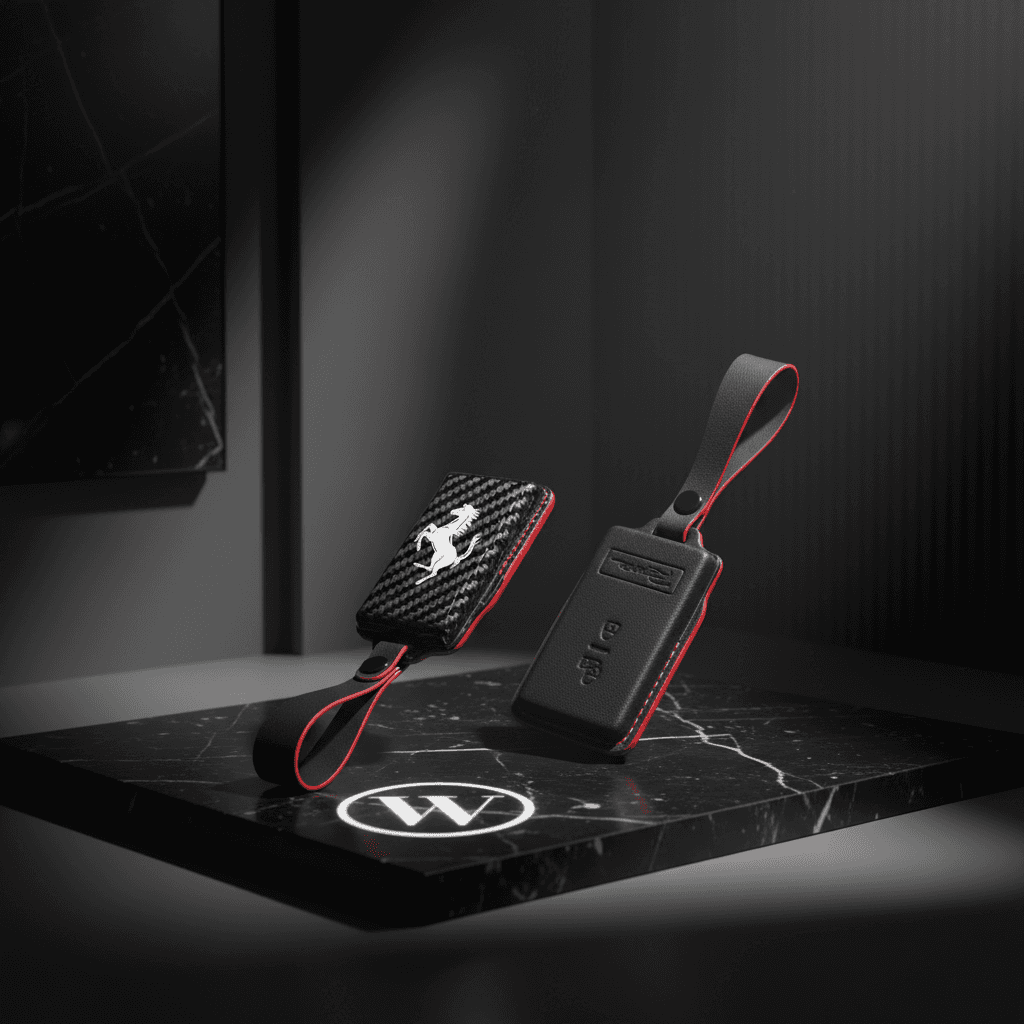 Ferrari carbon key cover with red accents and strap