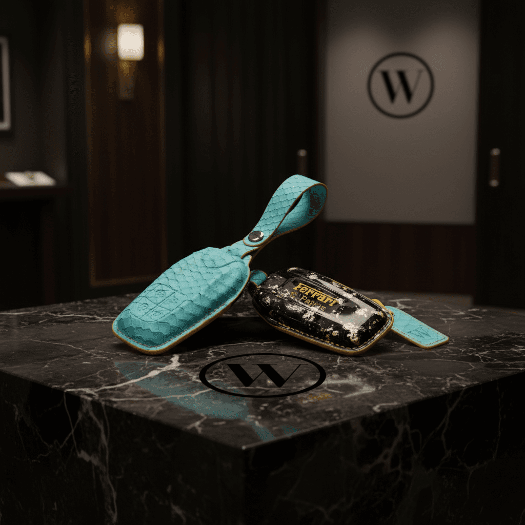 Türkisfarbenes handgefertigtes Ferrari Schlüsselcover aus Leder